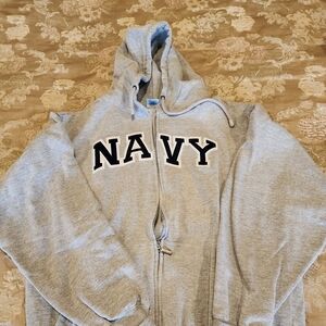 Grey NAVY zipper sweatshirt hoodie.  Logo is embordey letters great quality.